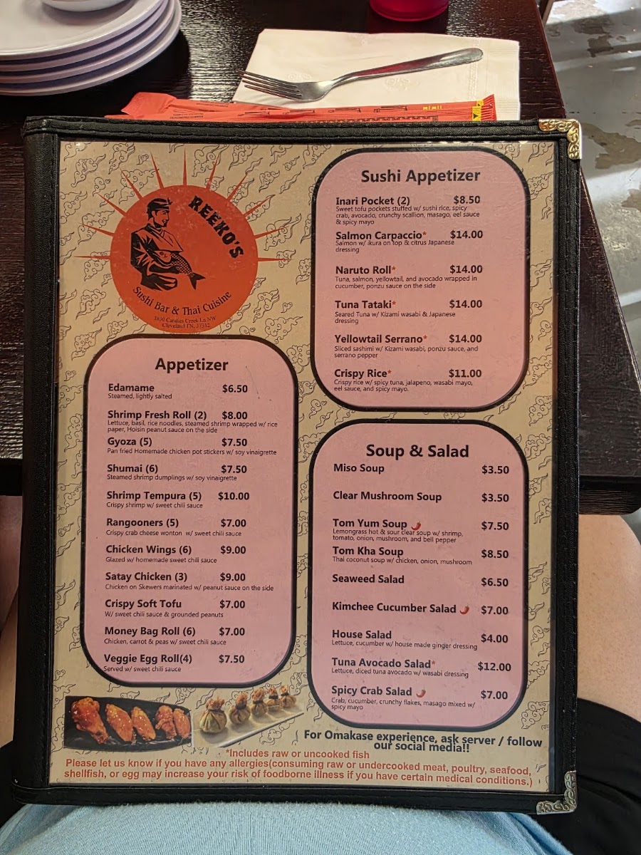 Reeko’s Sushi Bar & Thai Cuisine menu board