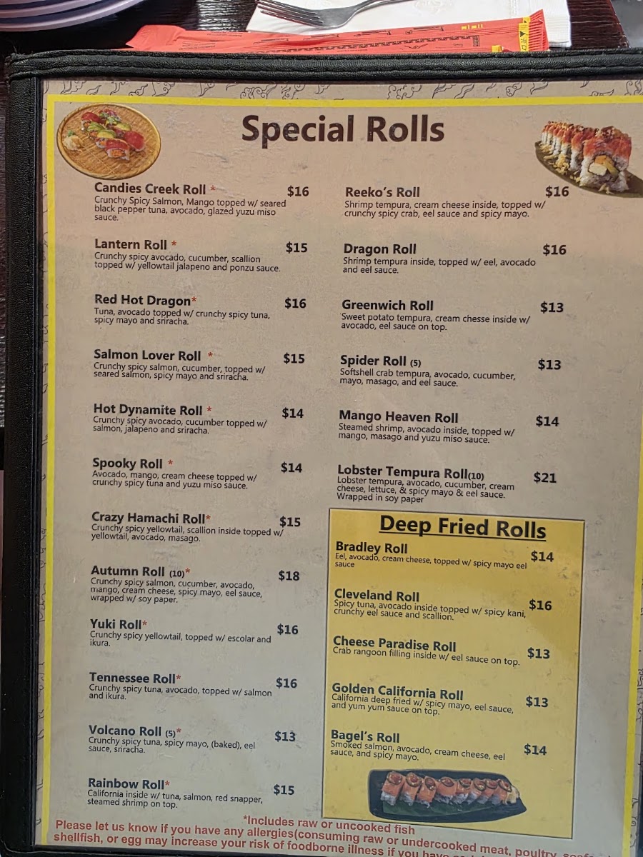 Reeko’s Sushi Bar & Thai Cuisine menu board