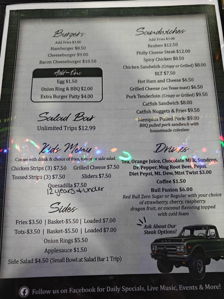 Sugar Daddies Restaurant & Bar LLC menu board