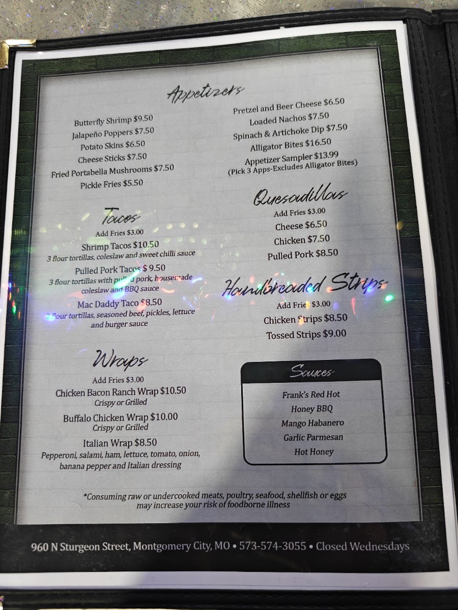 Sugar Daddies Restaurant & Bar LLC menu board