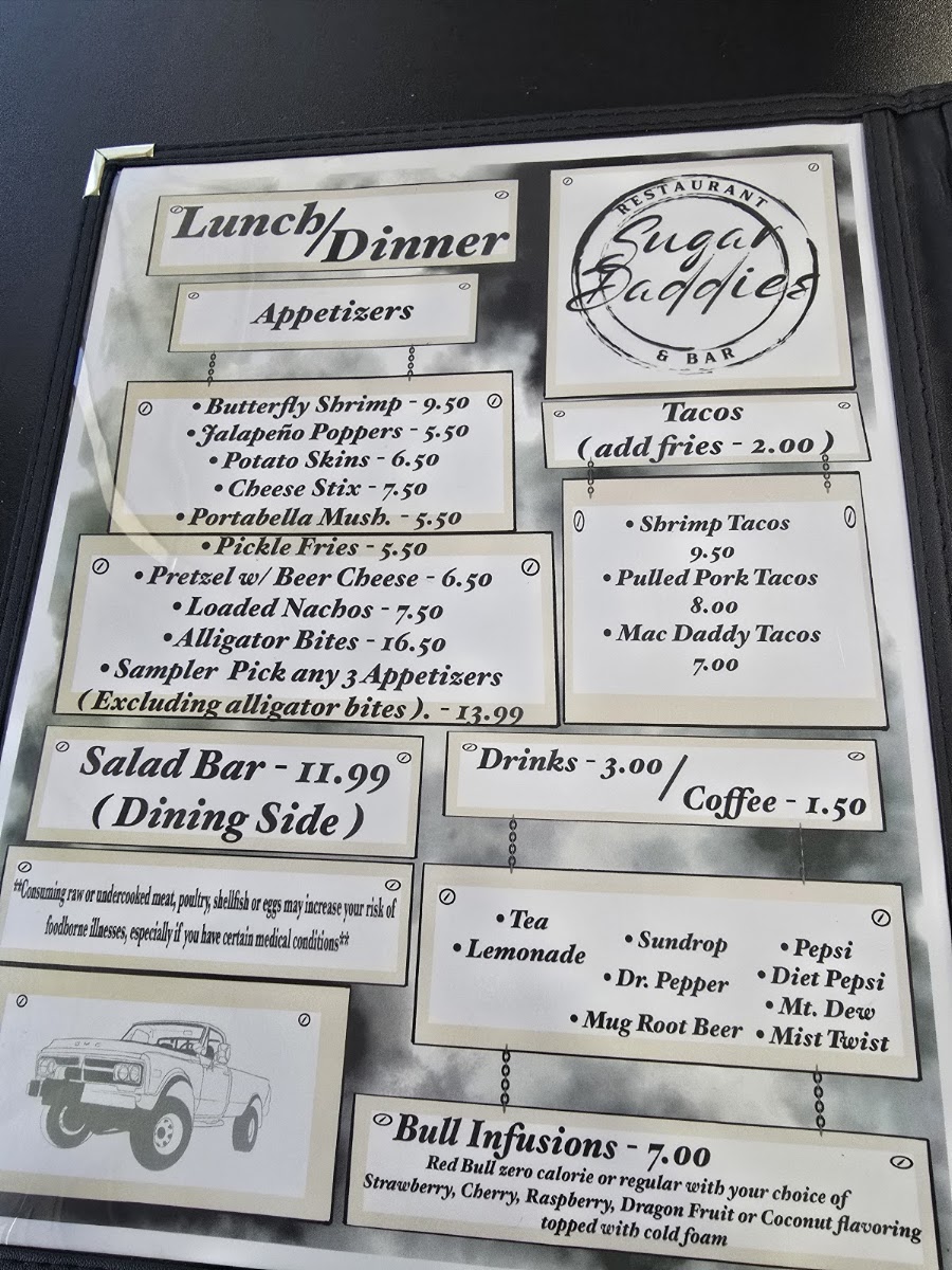Sugar Daddies Restaurant & Bar LLC menu board