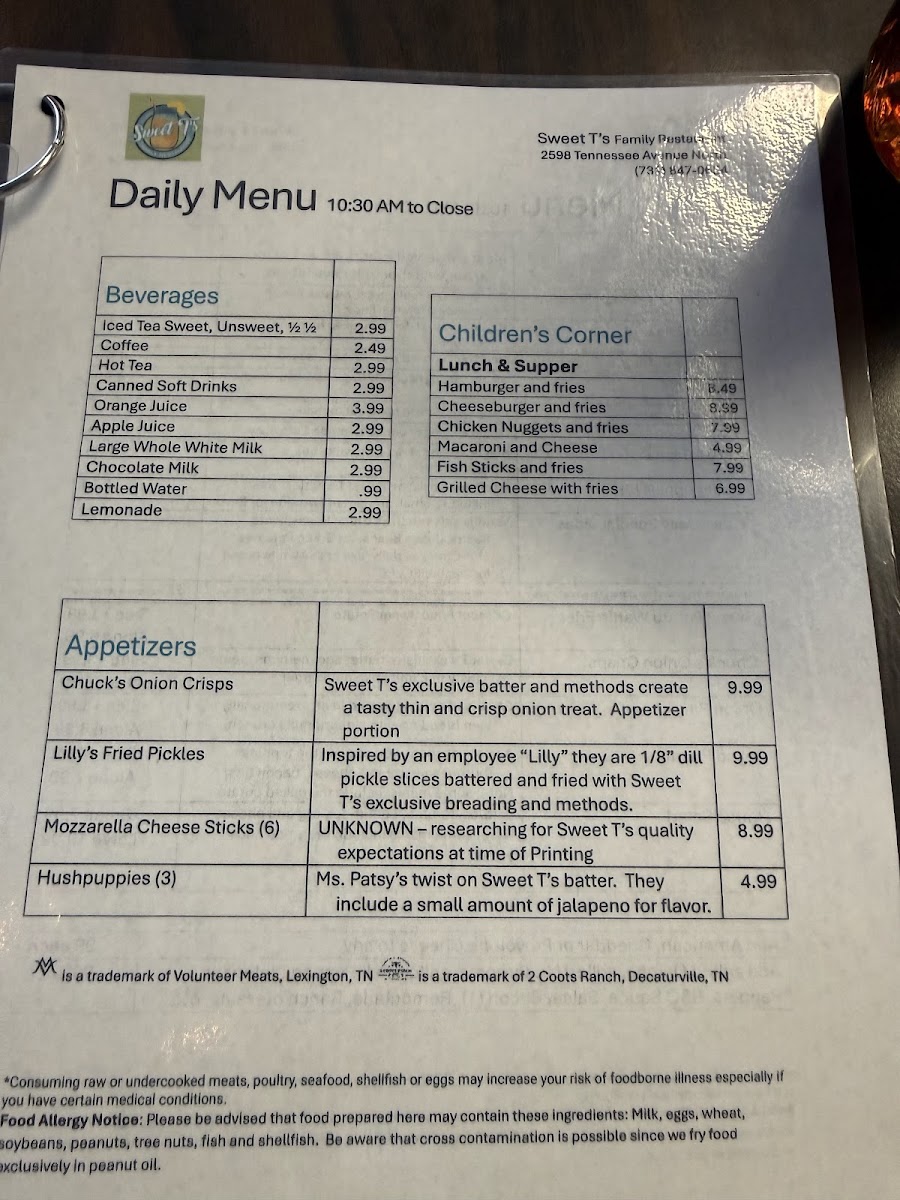 Sweet T's Family Restaurant menu board