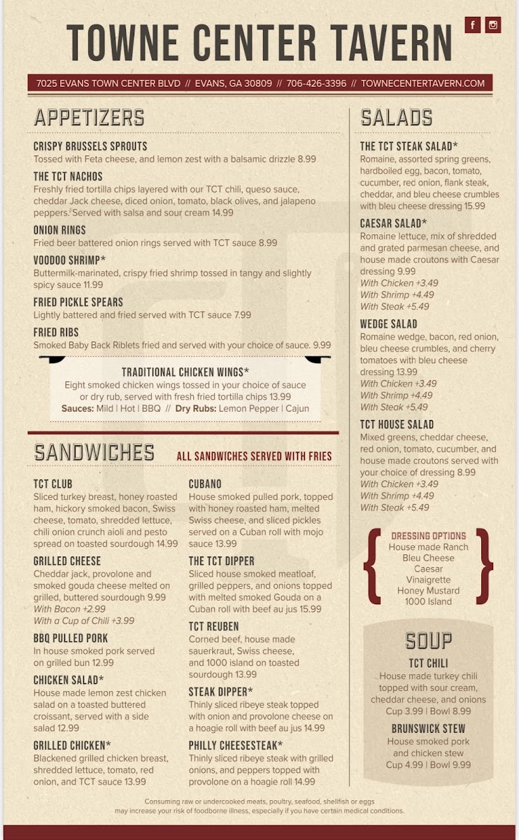 Towne Center Tavern menu board
