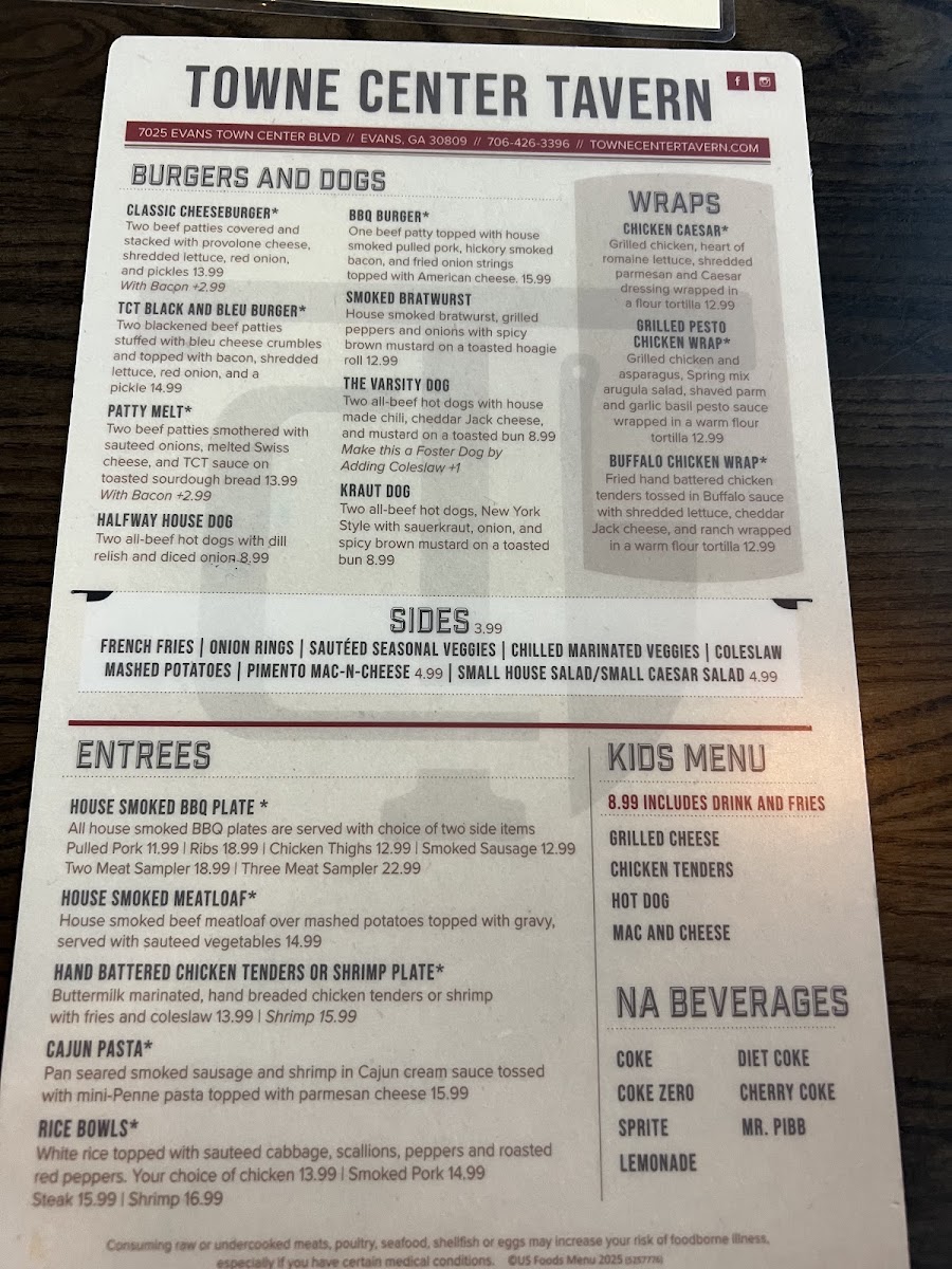 Towne Center Tavern menu board