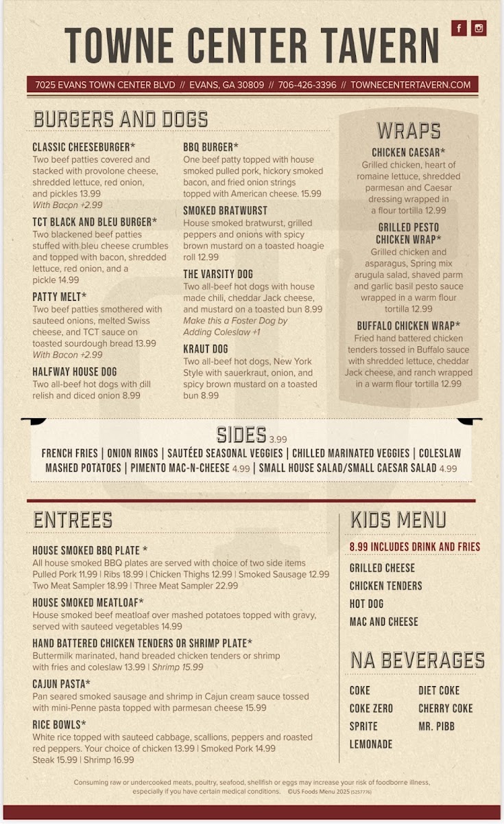 Towne Center Tavern menu board
