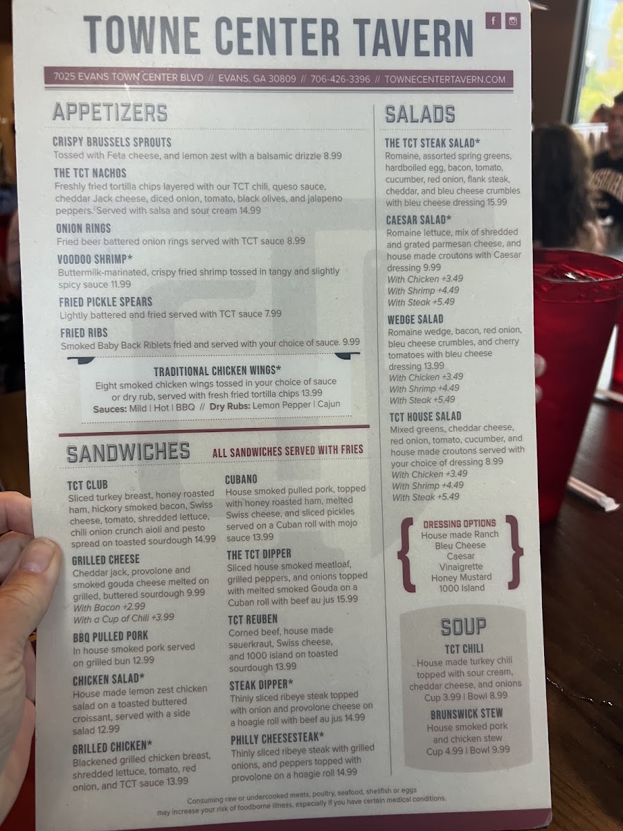 Towne Center Tavern menu board