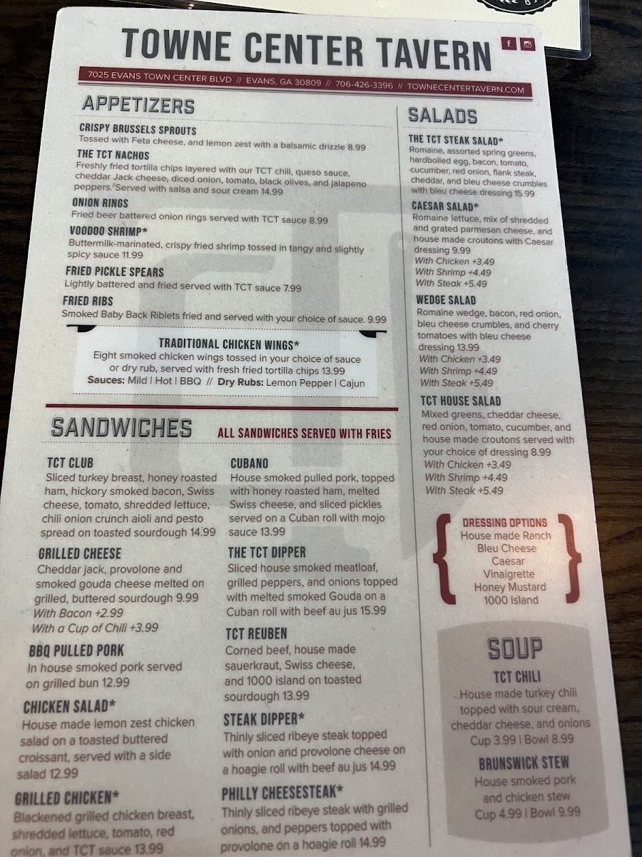 Towne Center Tavern menu board