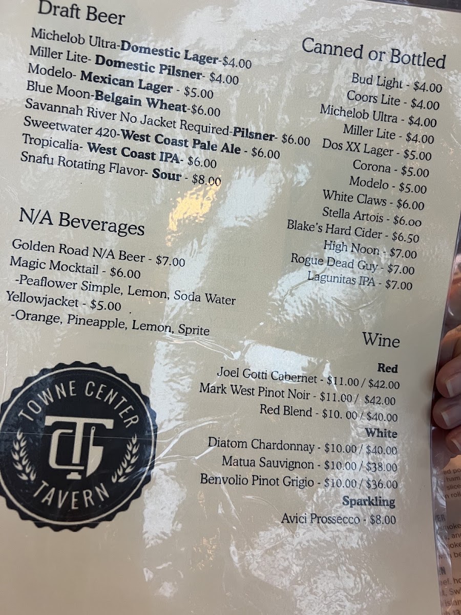 Towne Center Tavern menu board