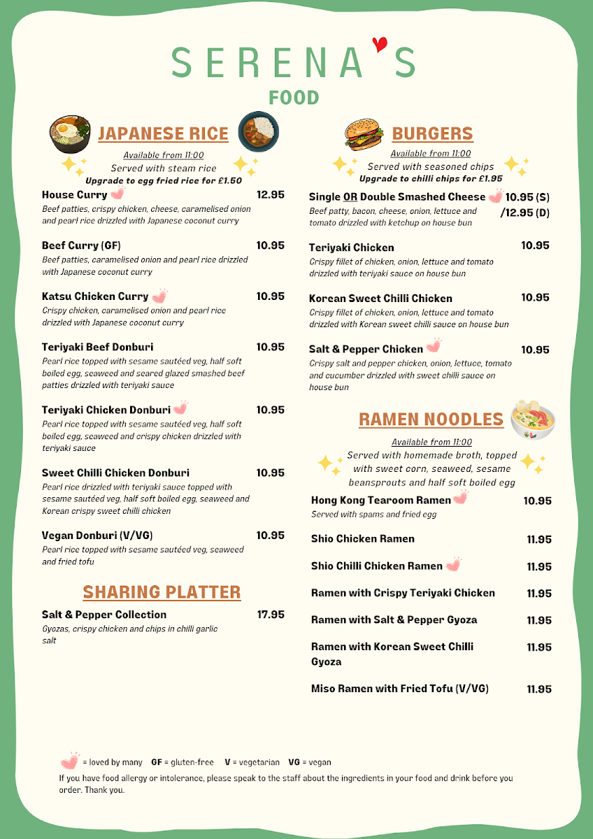 Serena's menu board