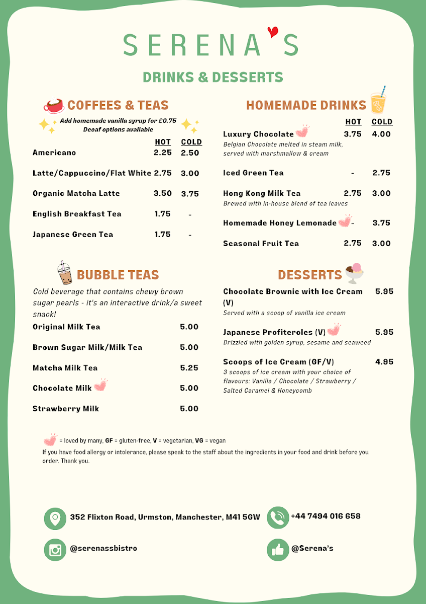 Serena's menu board