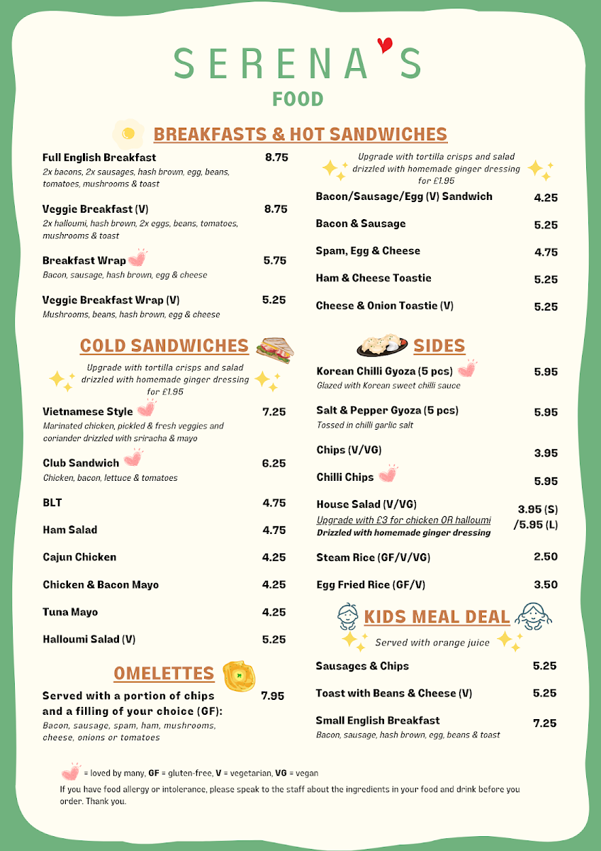 Serena's menu board