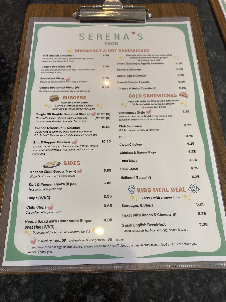 Serena's menu board