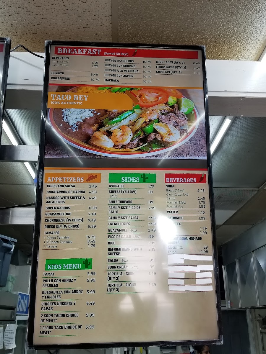 Taco Rey Mexican Grill menu board
