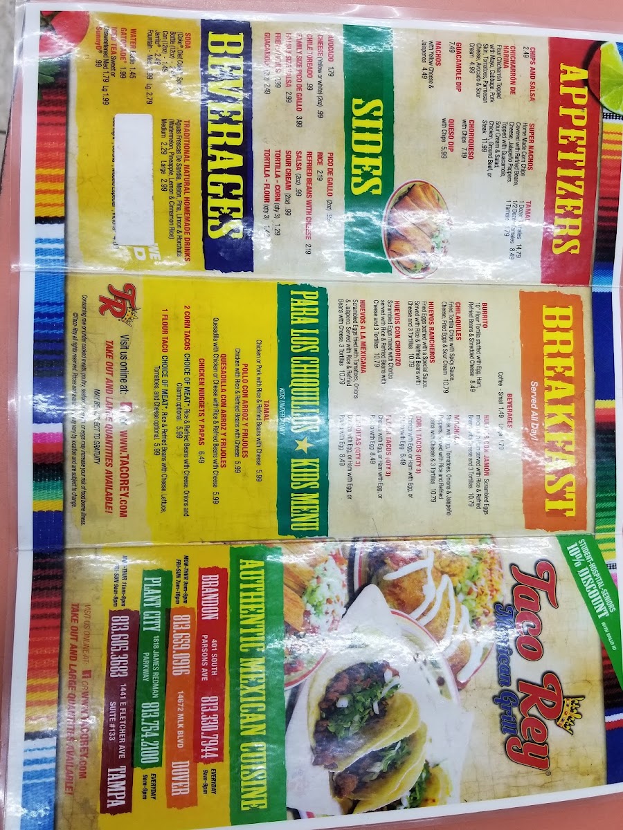 Taco Rey Mexican Grill menu board