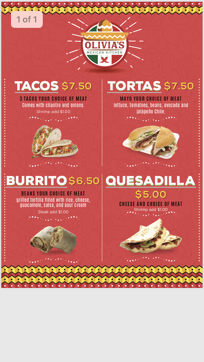 Olivia’s Mexican Kitchen menu board