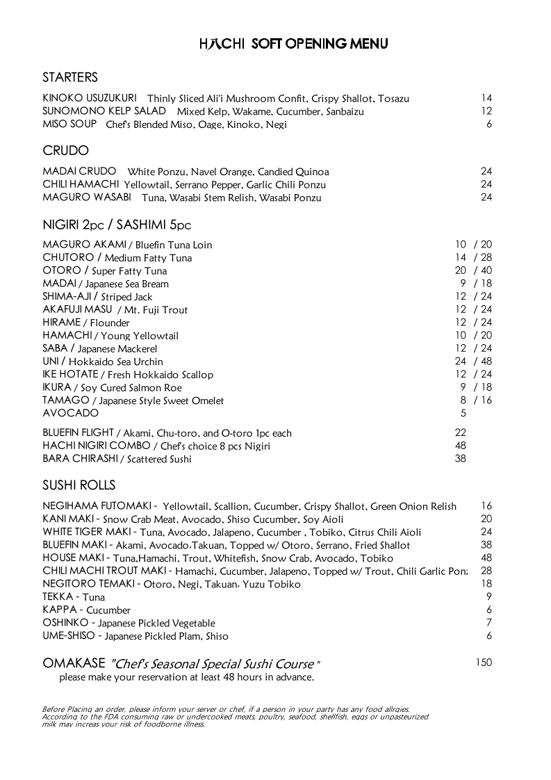 HACHI BY OAO menu board