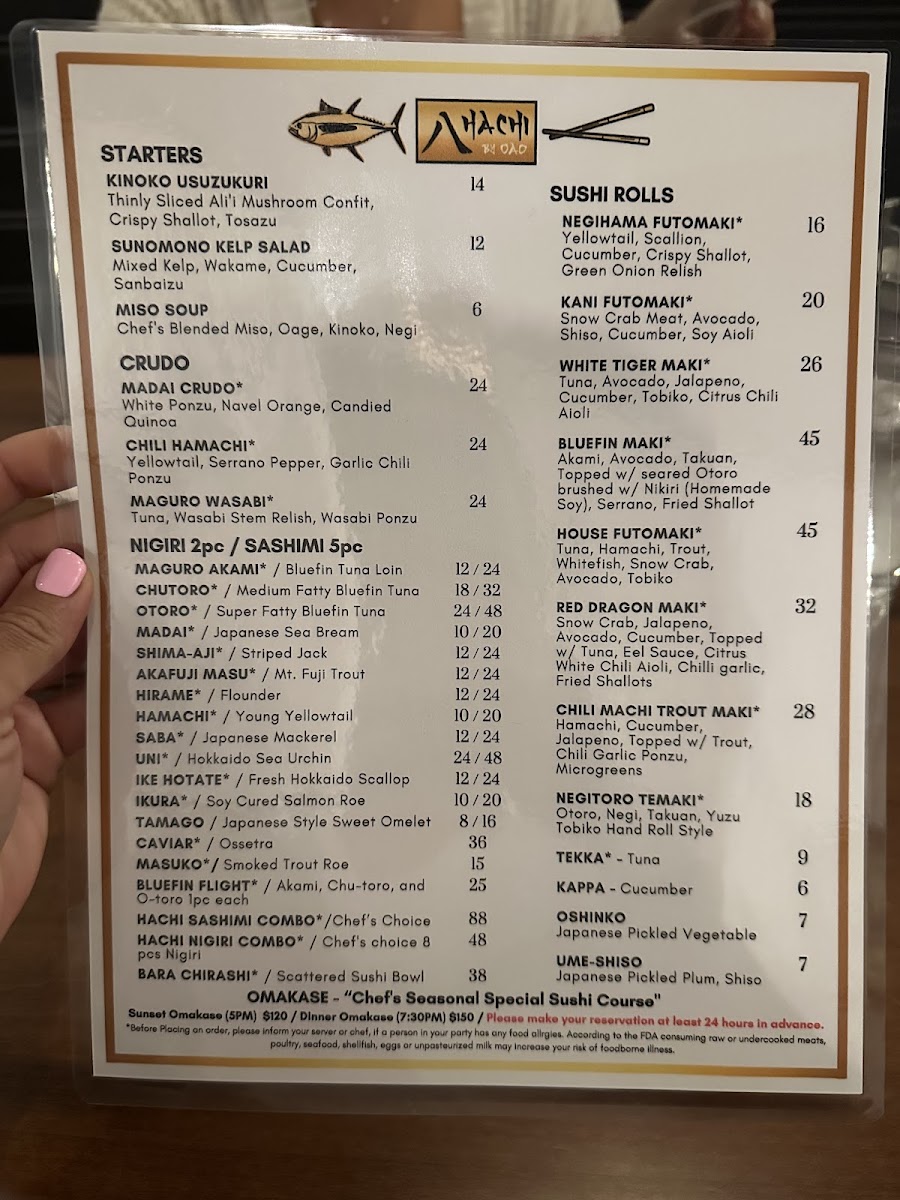 HACHI BY OAO menu board