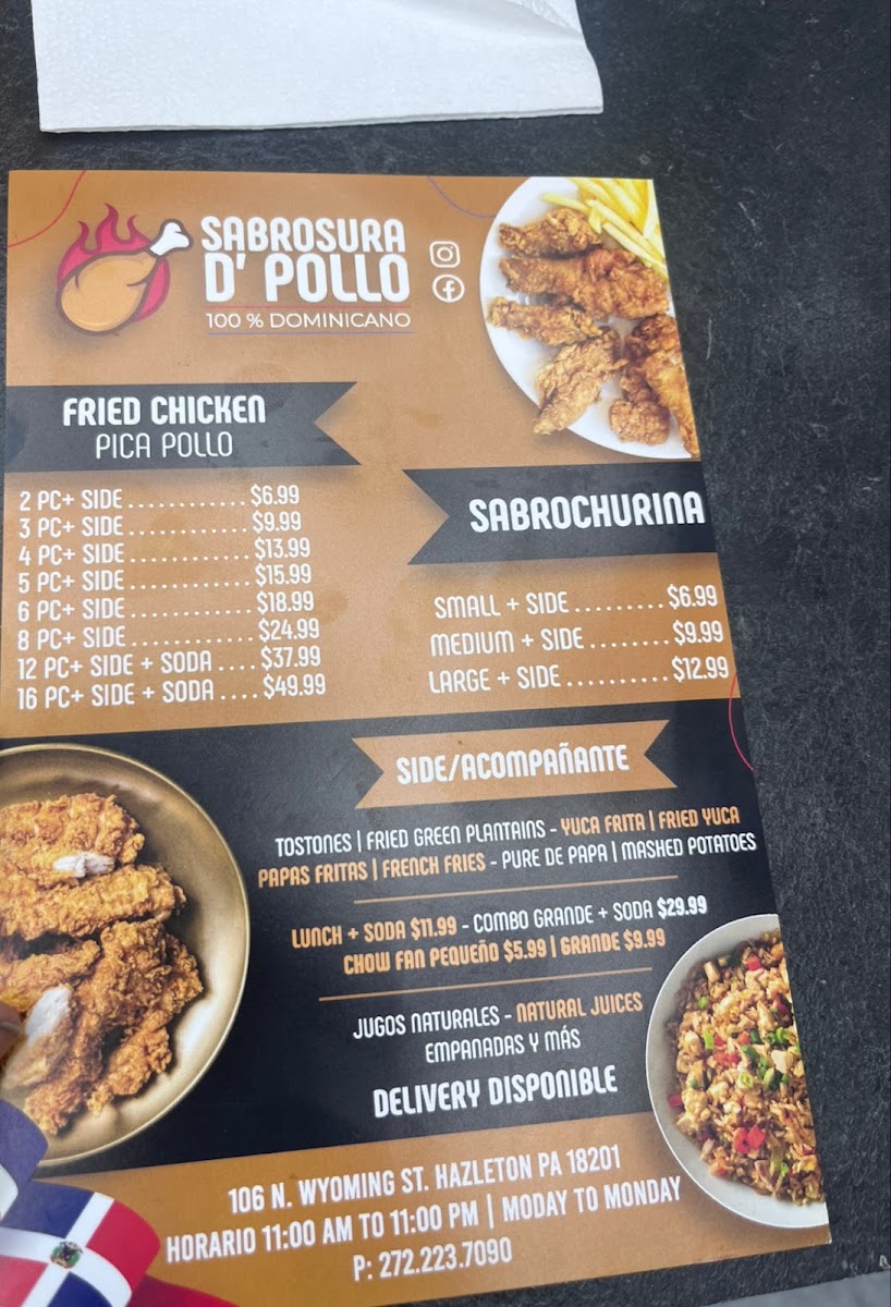 Sabrosura D' Pollo menu board