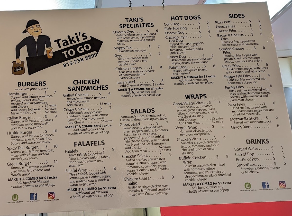 Taki's To Go menu board