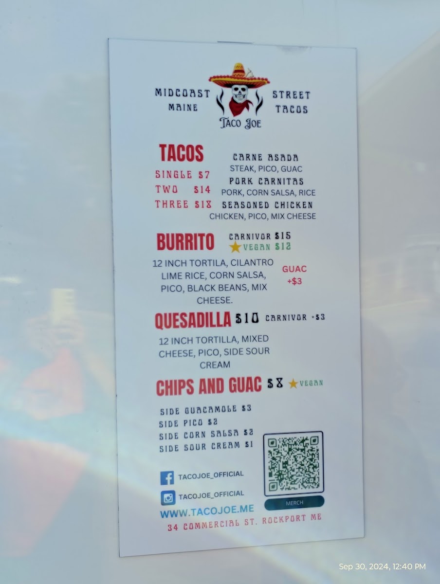 Taco Joe's menu board
