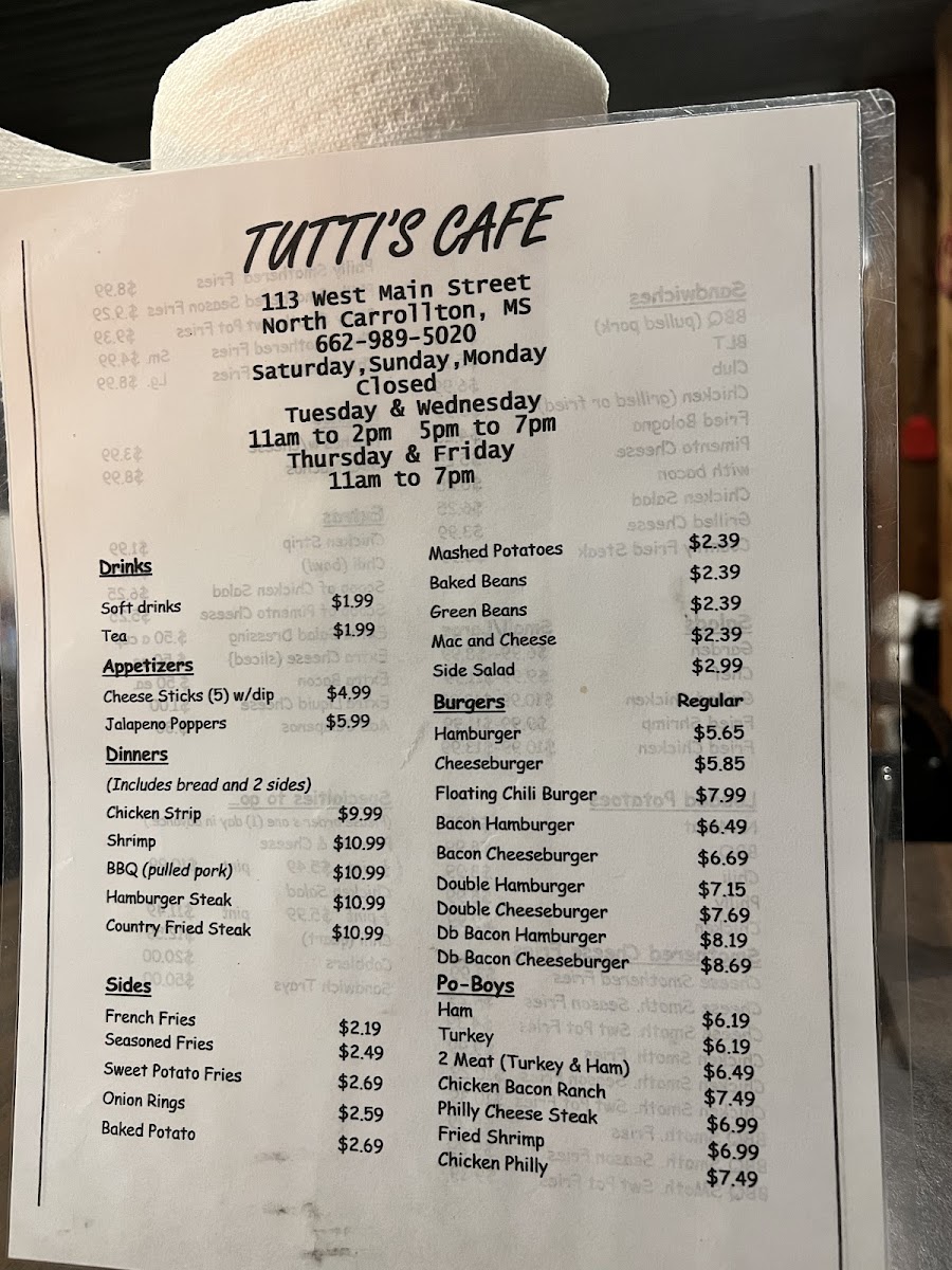 Tutti's menu board
