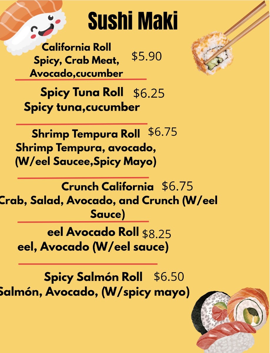 TAKO SUSHI menu board