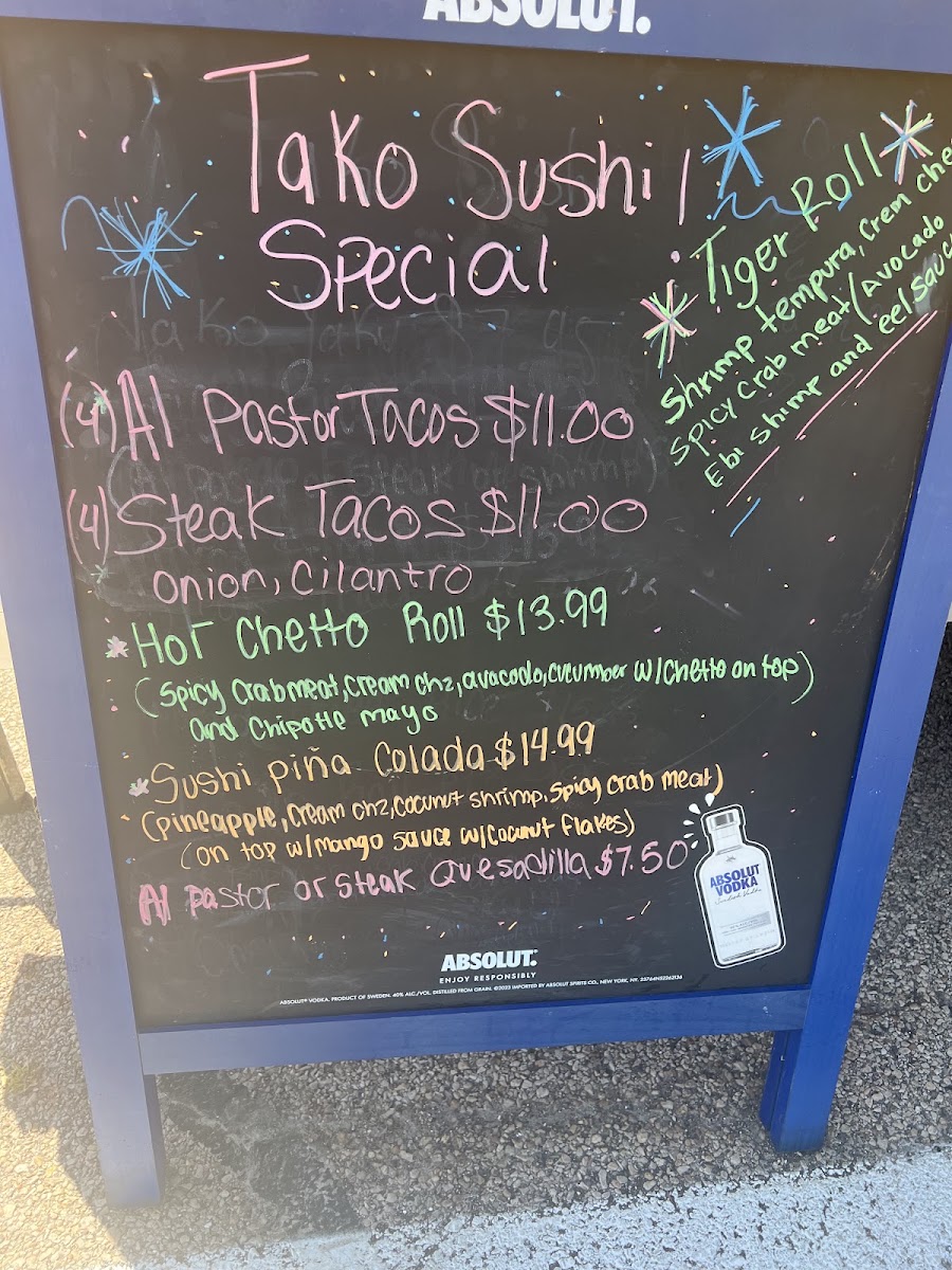 TAKO SUSHI menu board