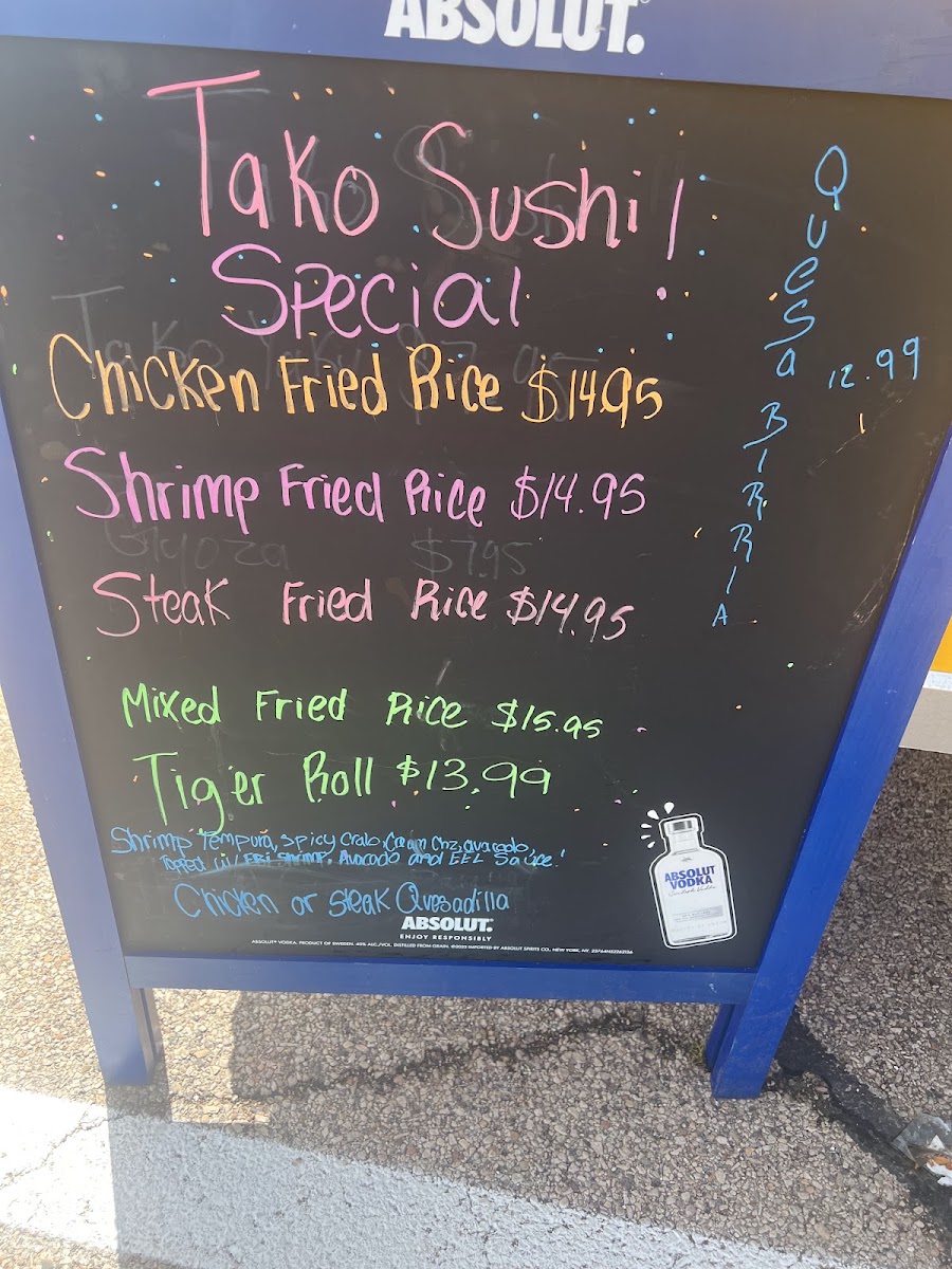 TAKO SUSHI menu board
