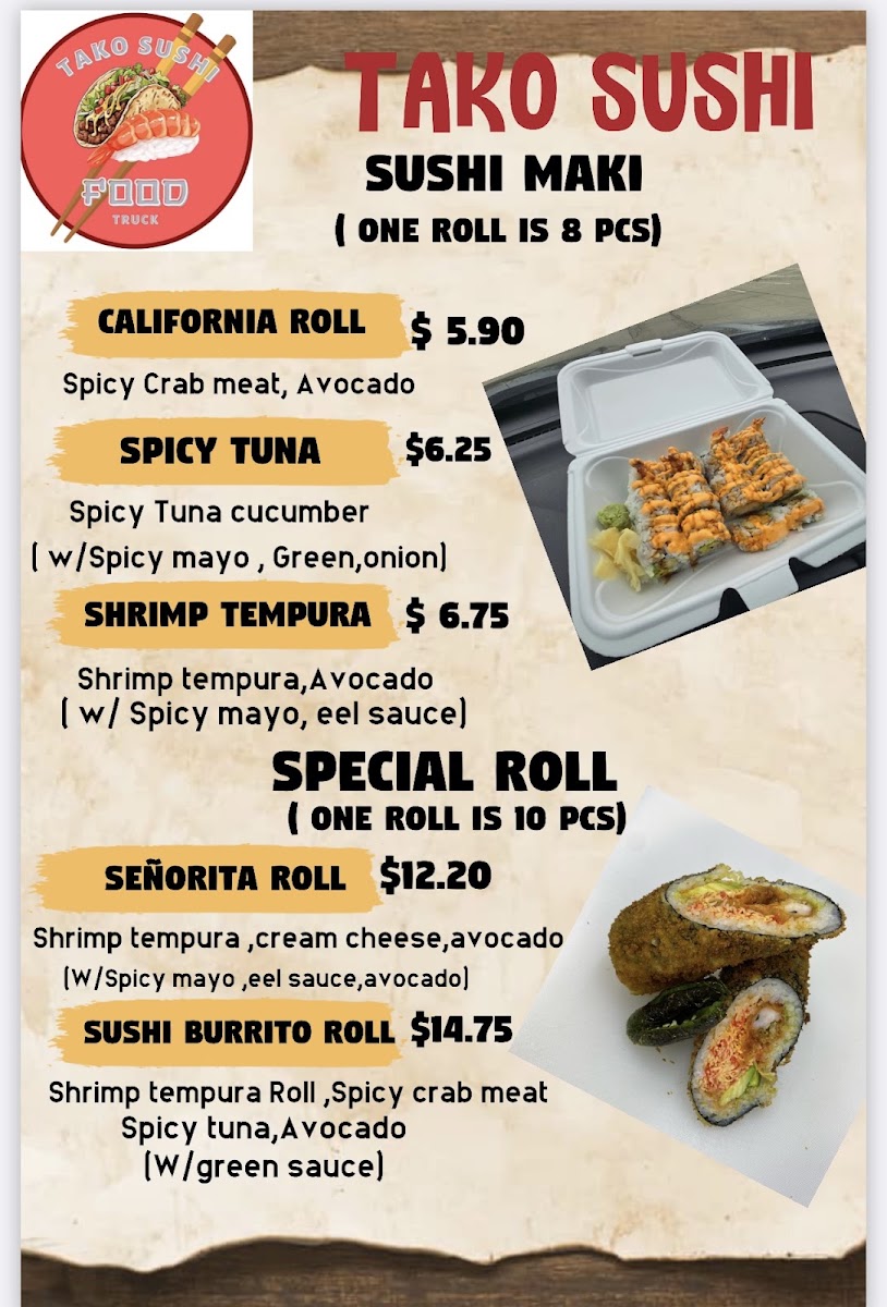 TAKO SUSHI menu board