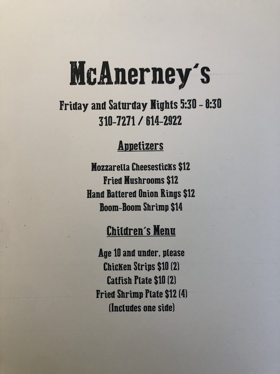 McAnerneys menu board