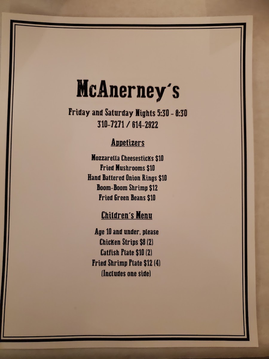 McAnerneys menu board