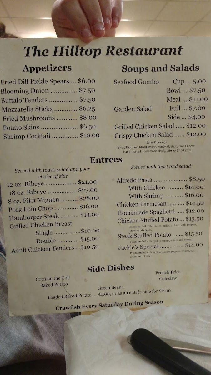 Hilltop Restaurant menu board