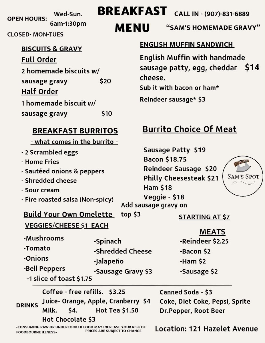 Sam's Spot menu board