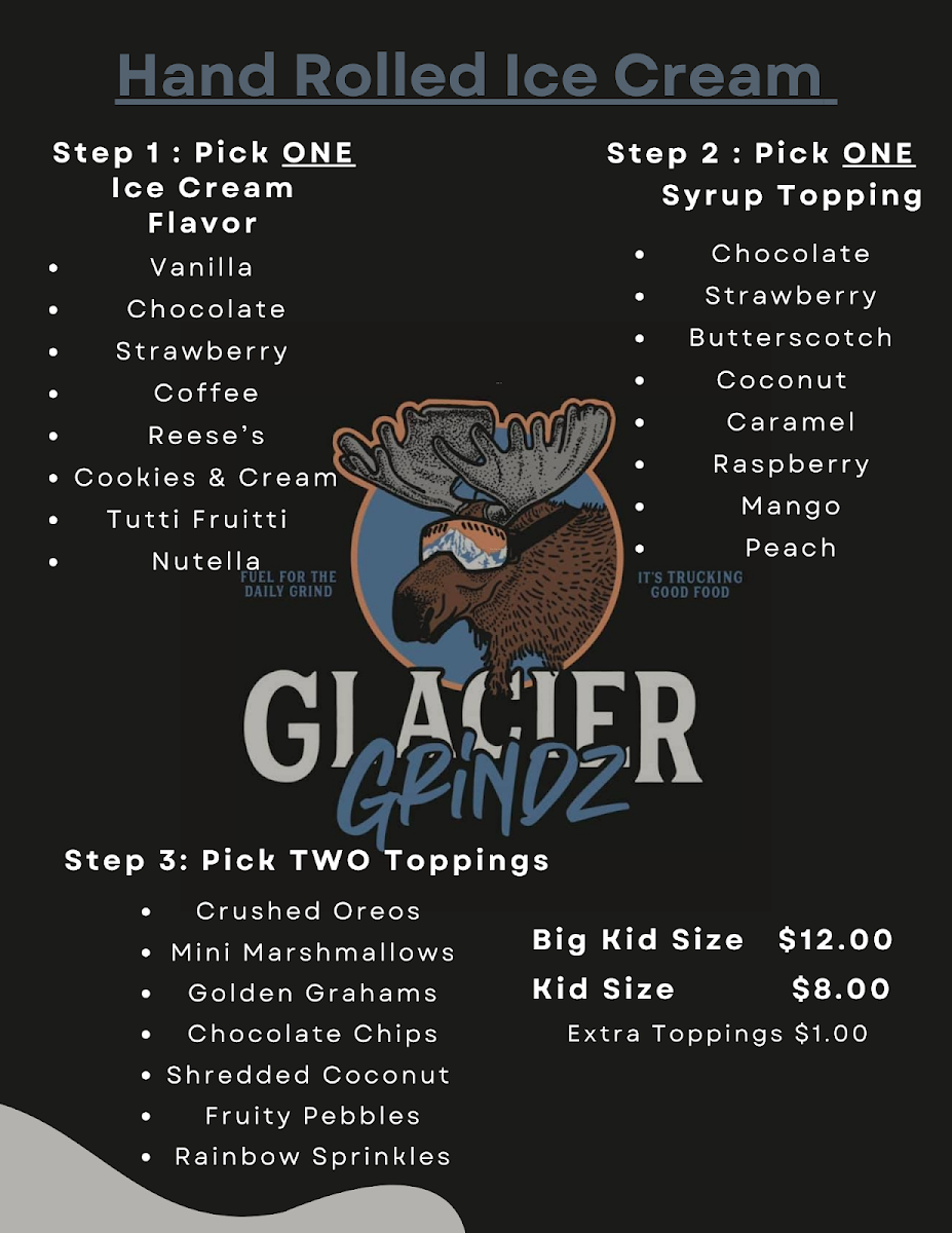 Glacier Grindz Food Truck menu board