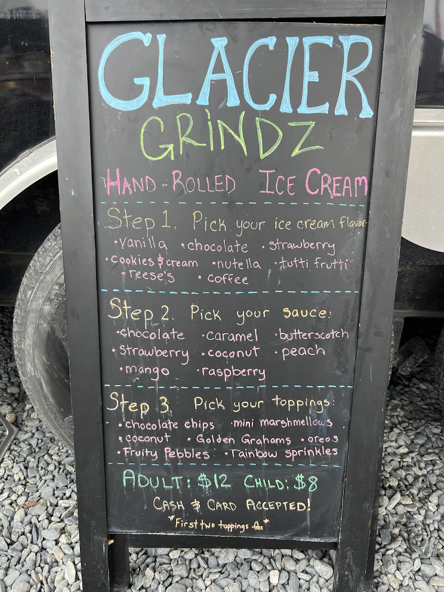 Glacier Grindz Food Truck menu board