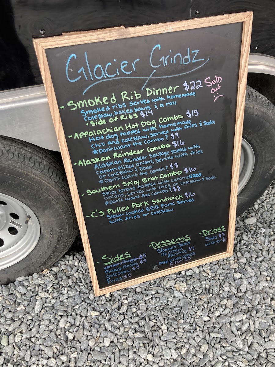 Glacier Grindz Food Truck menu board