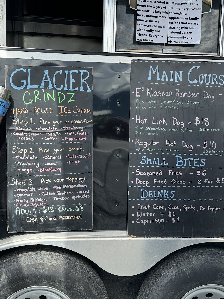 Glacier Grindz Food Truck menu board