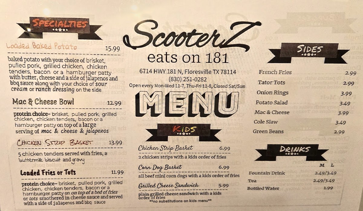ScooterZ eats on 181 menu board