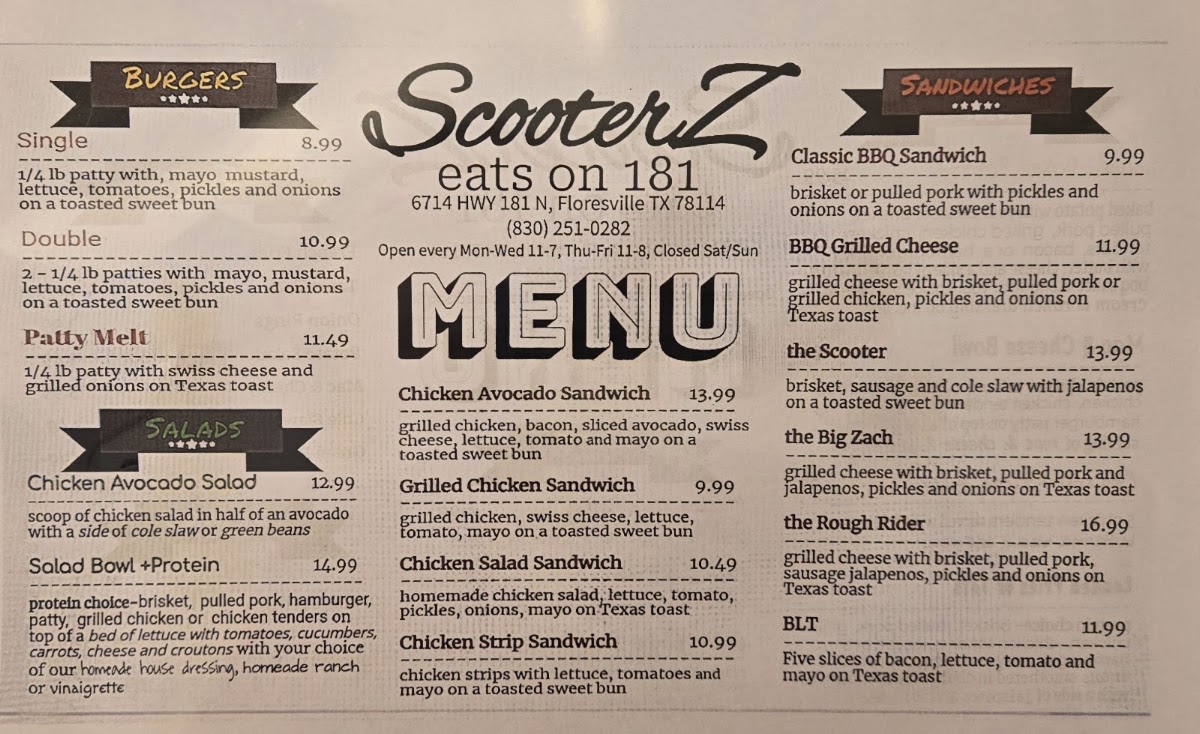 ScooterZ eats on 181 menu board