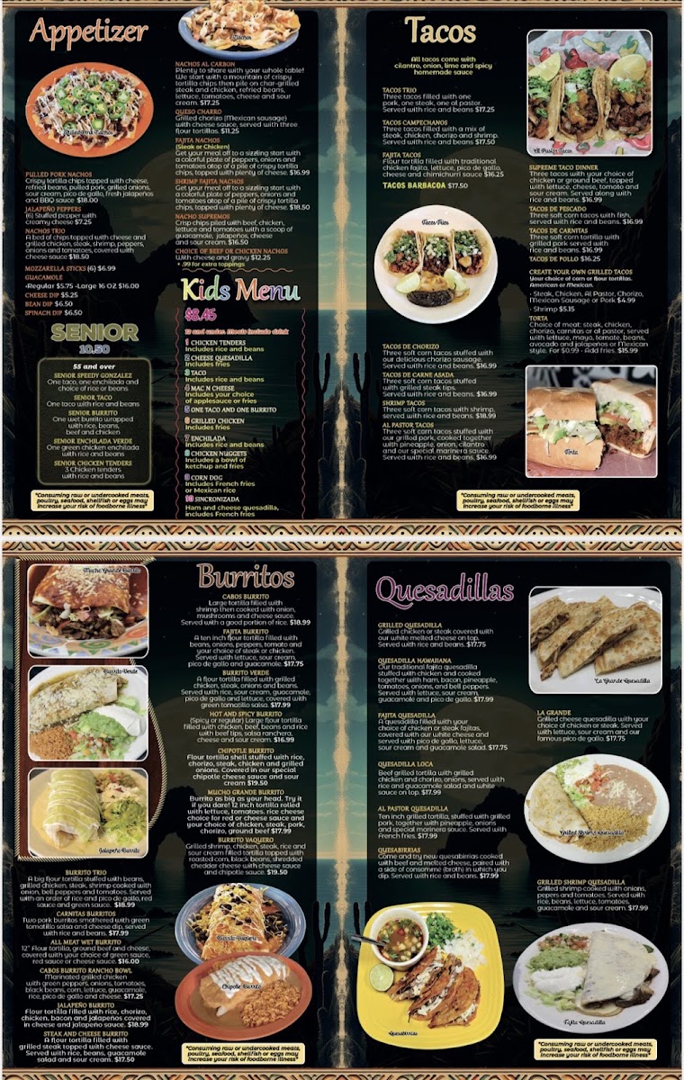 El Cabos Mexican grill and bar menu board