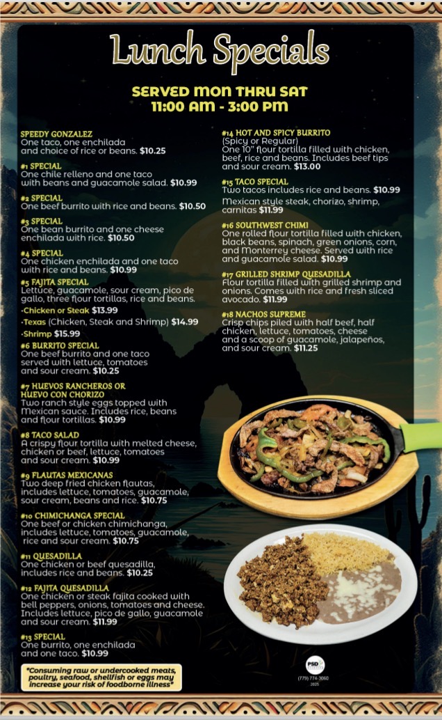 El Cabos Mexican grill and bar menu board