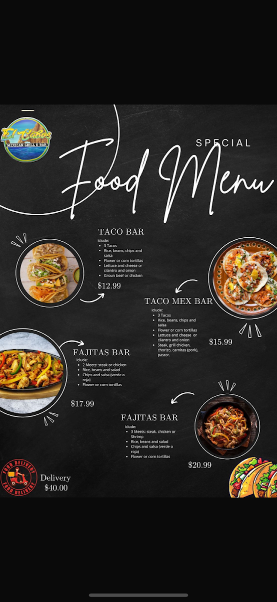 El Cabos Mexican grill and bar menu board