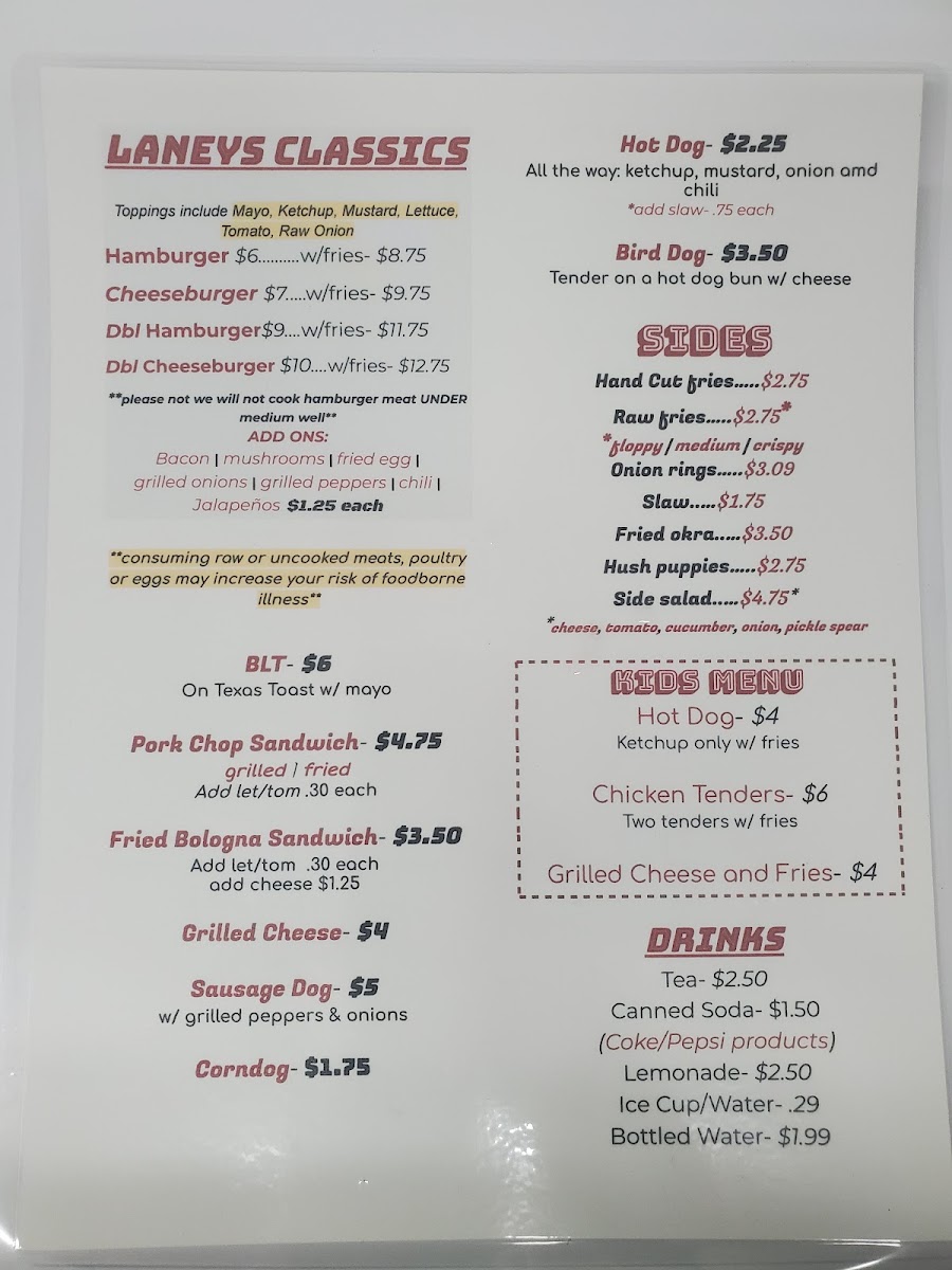 Laneys Pit Stop menu board
