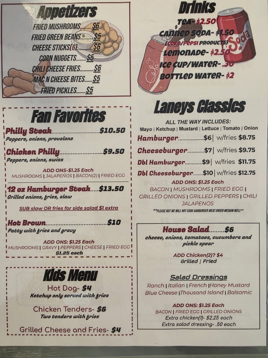 Laneys Pit Stop menu board