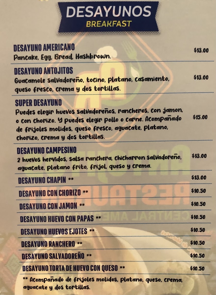 Antojito's Restaurant menu board