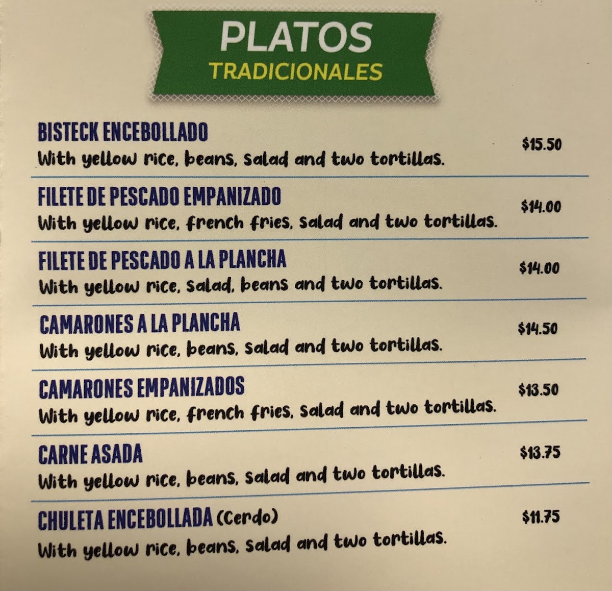 Antojito's Restaurant menu board