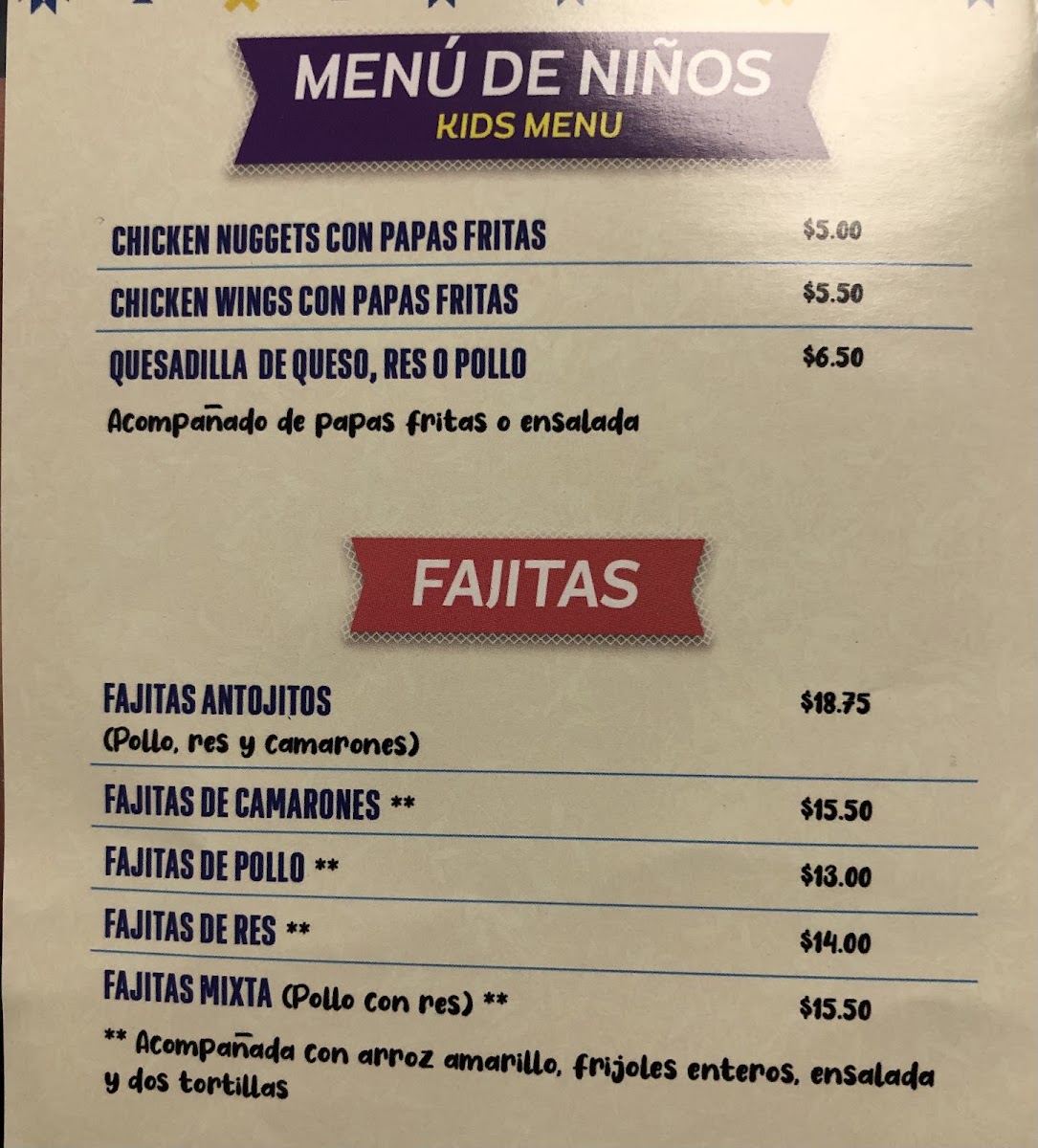 Antojito's Restaurant menu board
