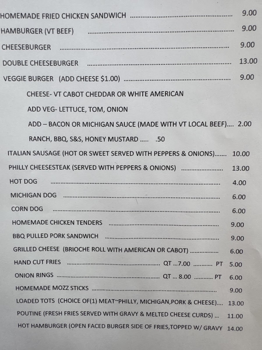 Green Meadows Grill menu board
