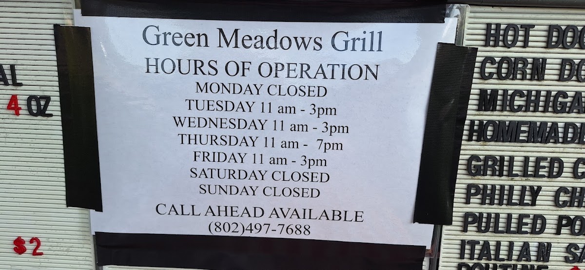 Green Meadows Grill menu board