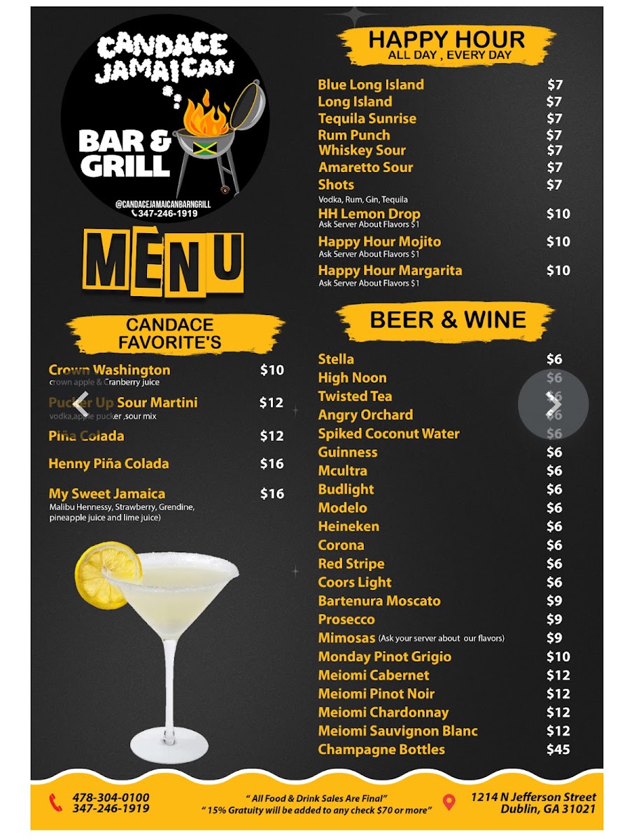 Candace Jamaican Bar and Grill menu board